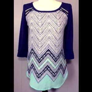 Semi Sheer Button Open Back Chevron Top Tunic
